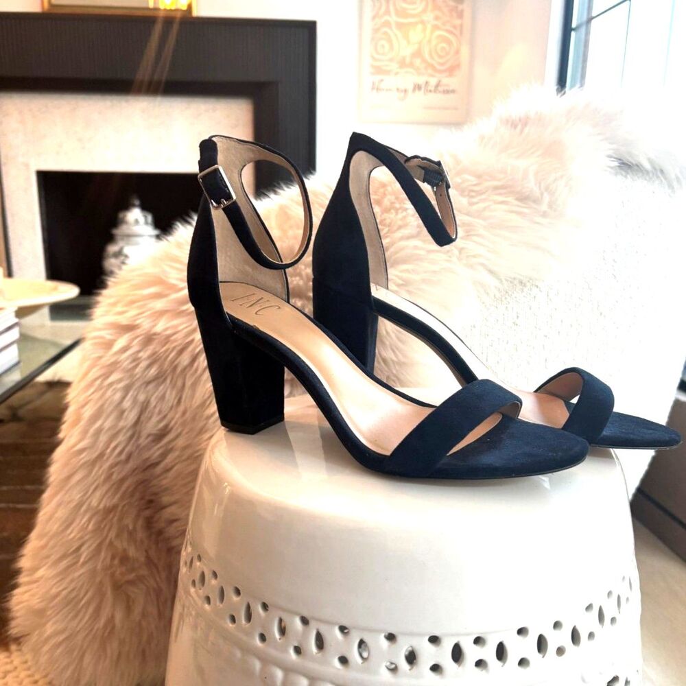 INC Navy Suede Block Heel Sandals Ankle Strap Open Toe Size 10 M